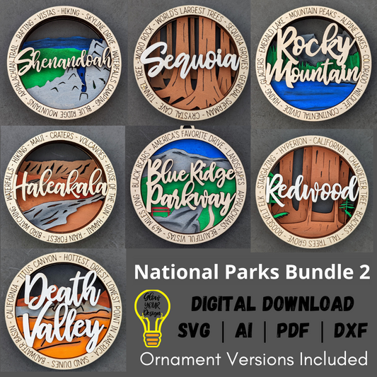 National Parks svg bundle set 2, Set of 7 multi-layered wall hanging & ornament digital files, including Rocky Mountain, Redwood, Sequoia, Blue Ridge Parkway, Death Valley, Shenandoah, and Haleakala National Parks