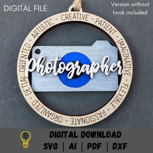 Photographer svg - Car Charm or ornament digital file - Gift for Photographer - Cut and score laser cut file designed for Glowforge