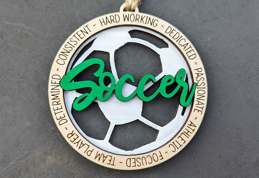 Soccer svg - Gift for Soccer Player DIGITAL FILE - Ornament, wall hanging. magnet or car charm svg - Can be customized with name or message, includes set with and without ornament hooks - Laser cut file designed for Glowforge