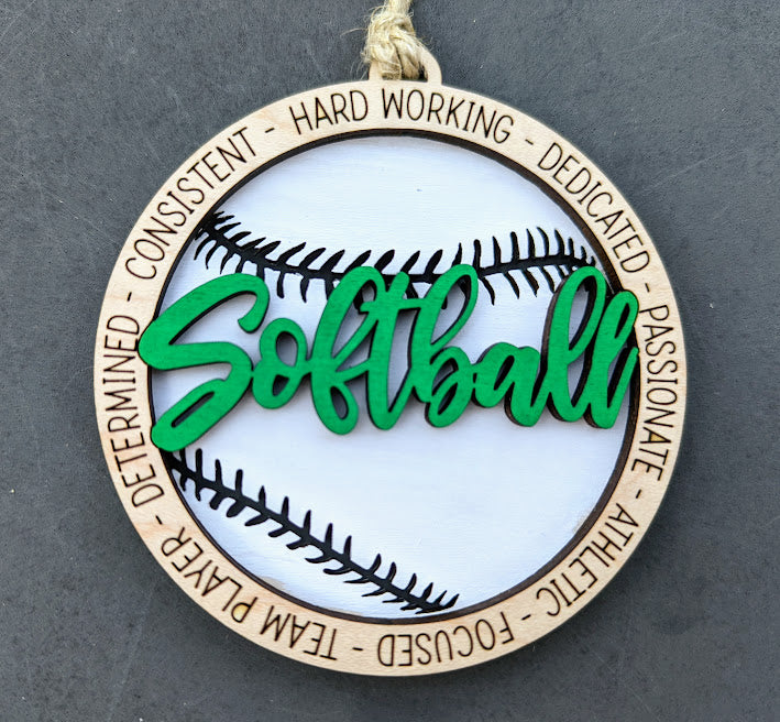 Softball svg - Gift for Softball Player DIGITAL FILE - Ornament, wall hanging or Car charm svg - Can be customized with name or message, includes set with and without ornament hooks - Laser cut file designed for Glowforge