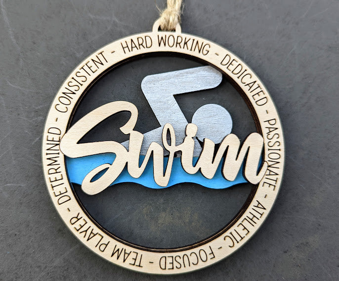 Swim svg - Gift for Swimmer DIGITAL FILE - Ornament, wall hanging. magnet or car charm svg - Can be customized with name or message, includes set with and without ornament hooks - Laser cut file designed for Glowforge